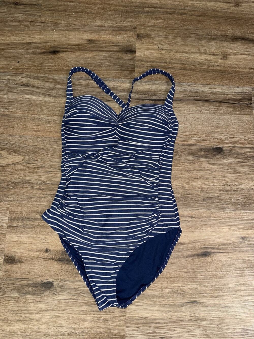 NIP TUCK SWIM Size 12 Denim Joanne Riviera Stripe Navy White One Piece Swimsuit